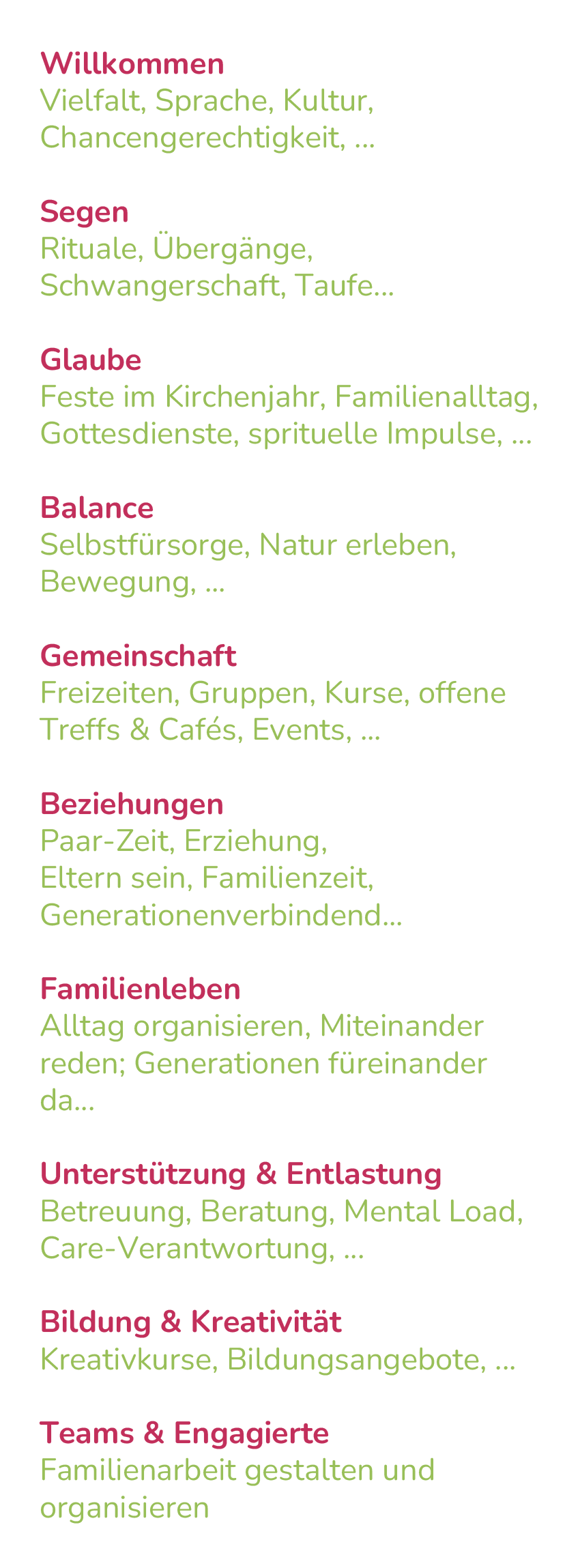 Eine farbenfrohe Liste in deutscher Sprache mit Abschnittstiteln in Rot, Rosa, Orange oder Grün. Zu den Themen gehören Willkommen, Glaube, Gleichgewicht, Gemeinschaft, Beziehungen, Familienleben, Unterstützung, Bildung, Kreativität und Engagement.