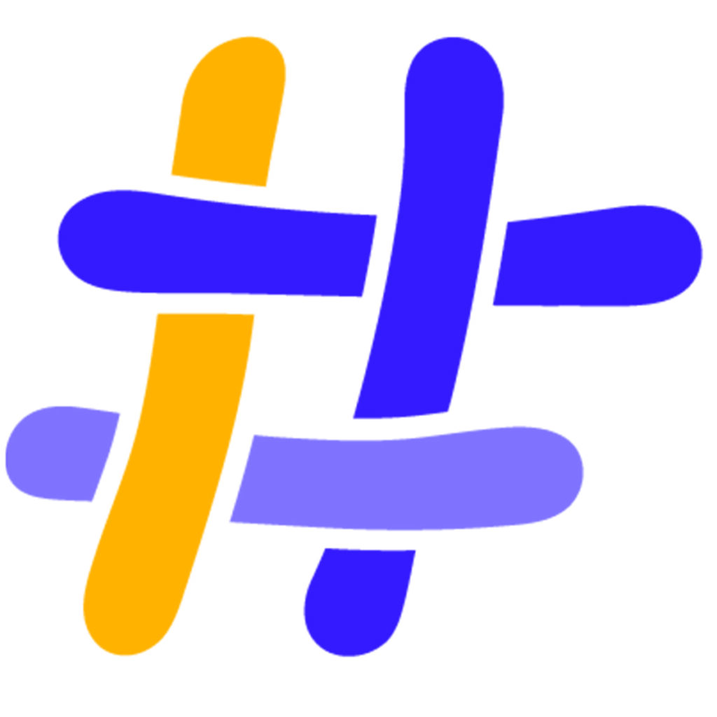 Ein stilisiertes Hashtag-Symbol mit zwei gelb-orangenen vertikalen Linien und zwei blauen horizontalen Linien auf einem weißen Hintergrund.