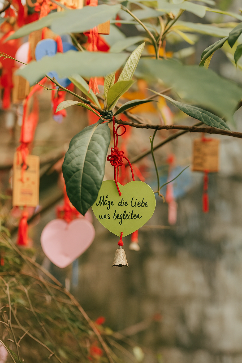 Ein grüner herzförmiger Anhänger mit deutschem Text, roter Schnur und einer kleinen Glocke hängt an einem Baumzweig, umgeben von anderen bunten Anhängern und roten Bändern.