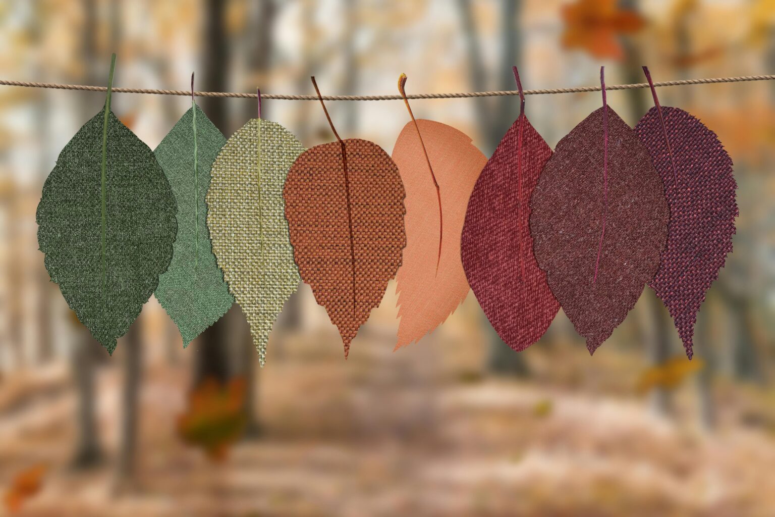 Sieben stoffbezogene Blätter in Grün, Gelb, Orange und Rot hängen an einer Schnur vor einem unscharfen Herbstwald-Hintergrund.