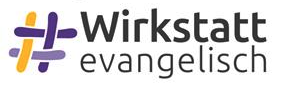 Logo mit stilisiertem Rautensymbol in Orange und Lila, daneben der Text Wirkstatt evangelisch in schwarzen Buchstaben auf weißem Hintergrund.