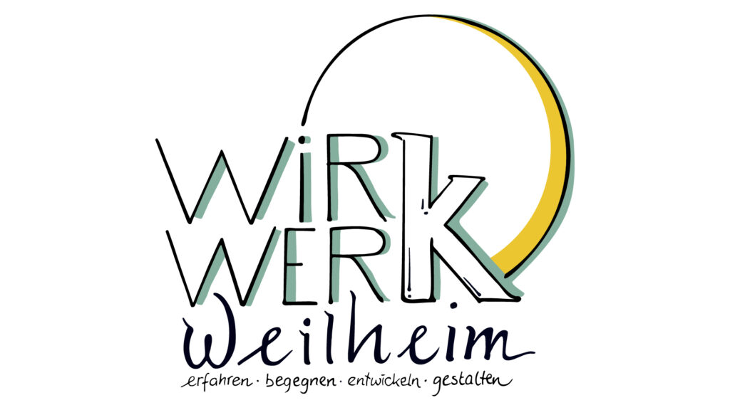 Logo mit dem Text WirkWerk Weilheim und einer gelben Sichelform. Darunter in kursiver Schrift: erfahren - begegnen - entwickeln - gestalten.
