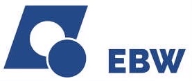 Blaues geometrisches Logo mit einem Quadrat, zwei Kreisen und den Buchstaben EBW in Blau auf weißem Hintergrund.