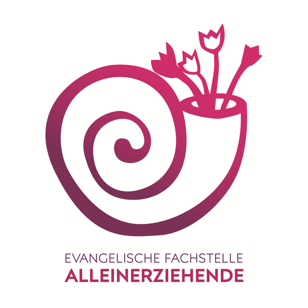 Ein stilisiertes Spiralhorn mit vier Blumen im Inneren und der Aufschrift Evangelische Fachstelle Alleinerziehende darunter.