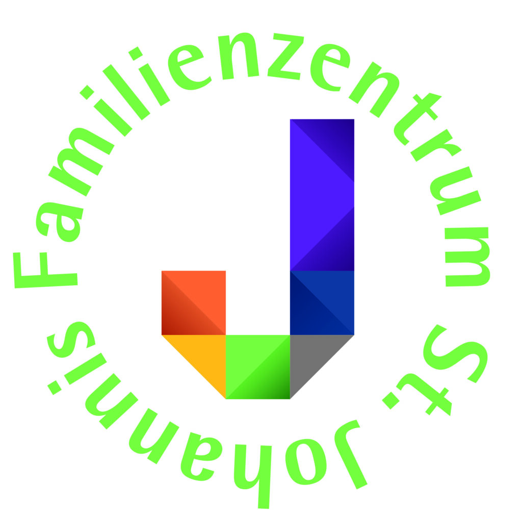 Ein farbenfrohes geometrisches J in der Mitte, umgeben von grünem Text mit der Aufschrift Familienzentrum St. Johannis in einer Kreisform.
