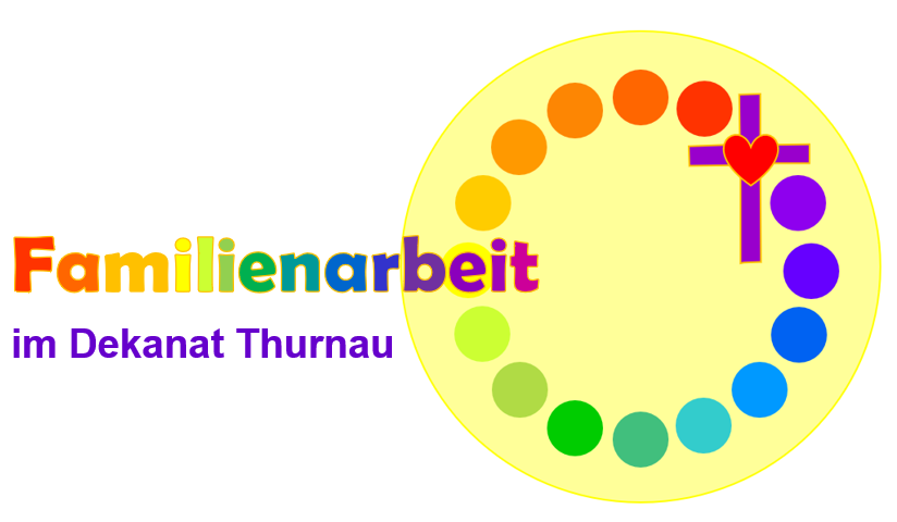 Logo mit dem Wort Familienarbeit in Regenbogenfarben, einem lila Kreuz mit rotem Herz und einem Kreis aus farbigen Punkten auf gelbem Hintergrund. Text: im Dekanat Thurnau.