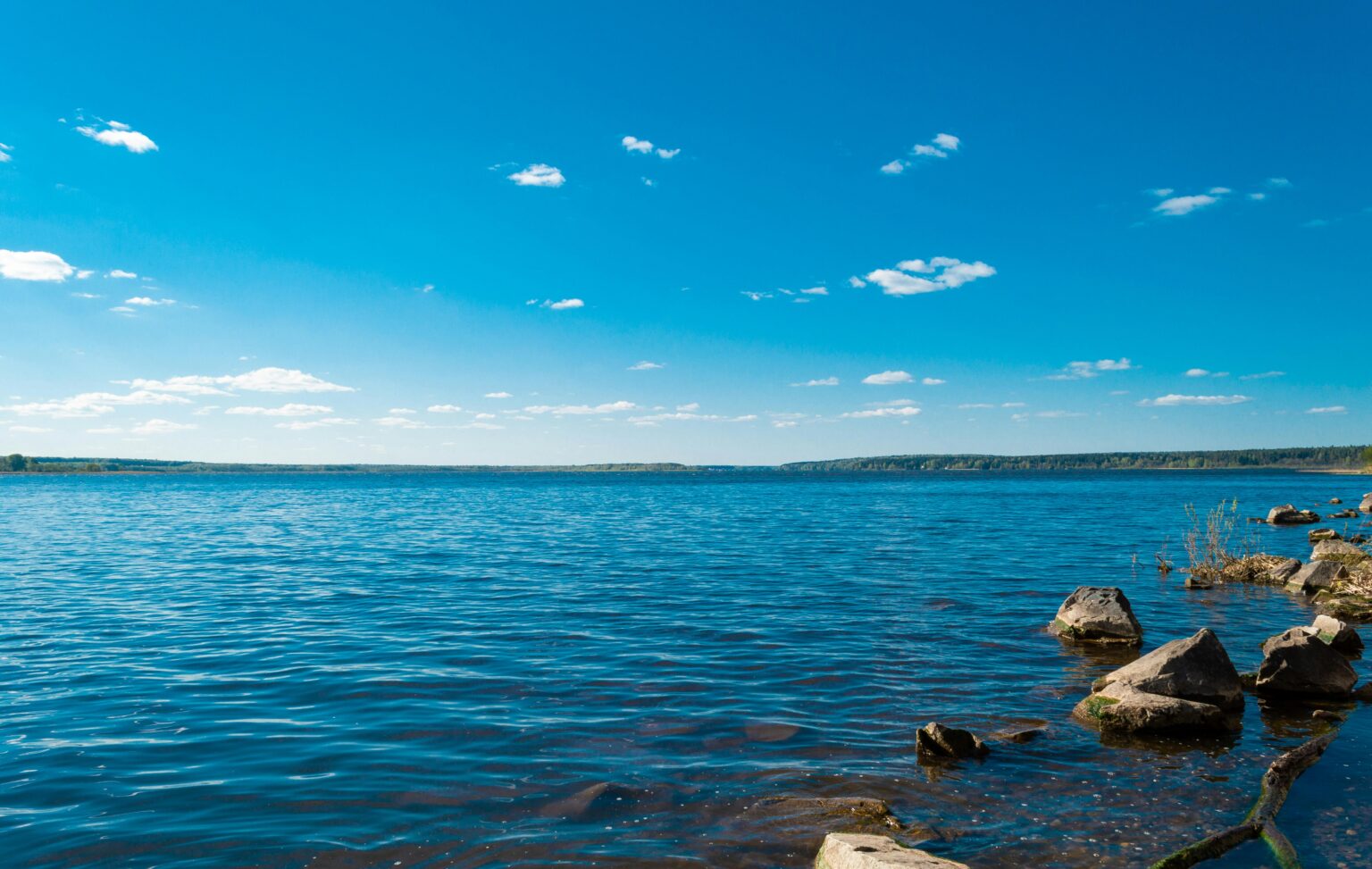 Ein ruhiger See mit klarem, blauem Wasser, verstreute Felsen im Vordergrund und ein entferntes, von Bäumen gesäumtes Ufer unter einem strahlend blauen Himmel mit ein paar kleinen Wolken.