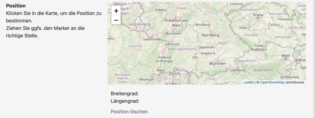 Eine Karte von Mitteleuropa, einschließlich Deutschland, der Schweiz und Österreich, mit Anweisungen in deutscher Sprache zum Auswählen und Einstellen einer Kartenposition.