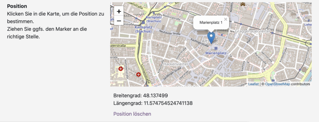 Eine Karte des Münchner Stadtzentrums mit einer Markierung am Marienplatz 1. Die Koordinaten 48.137499, 11.574754524741138 werden unter der Karte angezeigt.