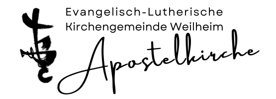 Logo mit einem schwarzen abstrakten Kreuz auf der linken Seite und deutschem Text: Evangelisch-Lutherische Kirchengemeinde Weilheim Apostelkirche in verschiedenen Schriftarten.