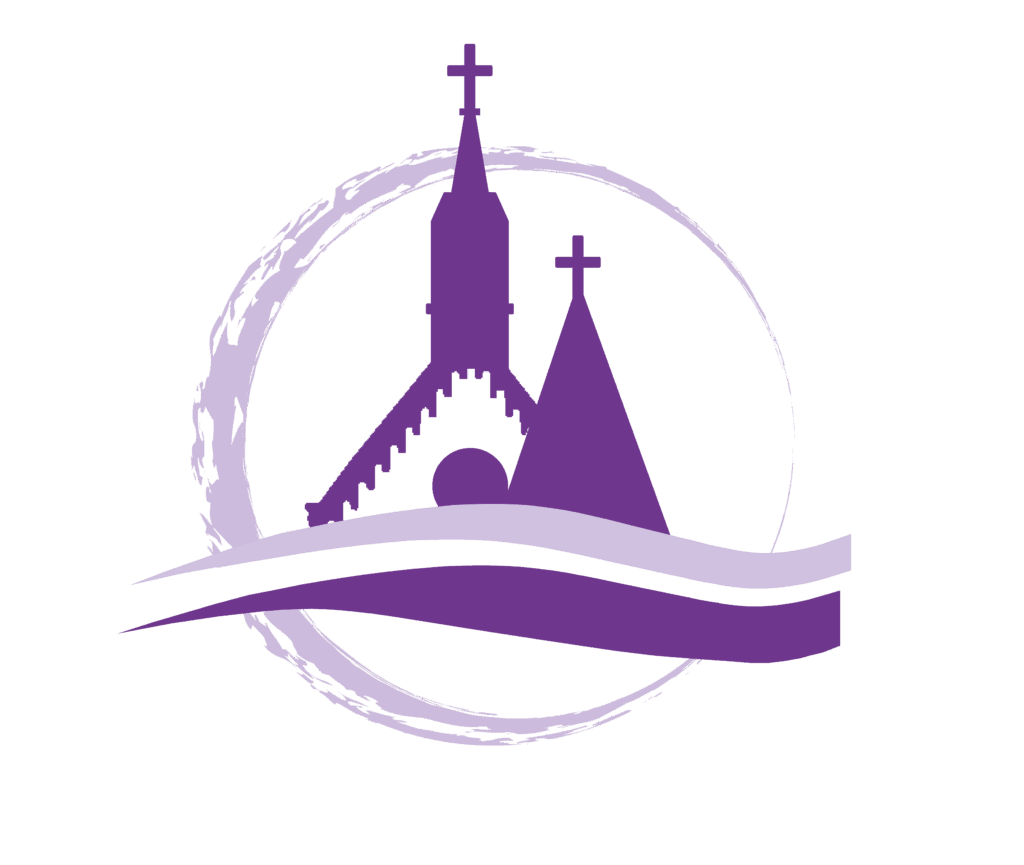 Stilisierte violette Kirchengebäude mit Kreuzen vor einem kreisförmigen Hintergrund und geschwungenen Linien, die Hügeln oder Wellen ähneln.