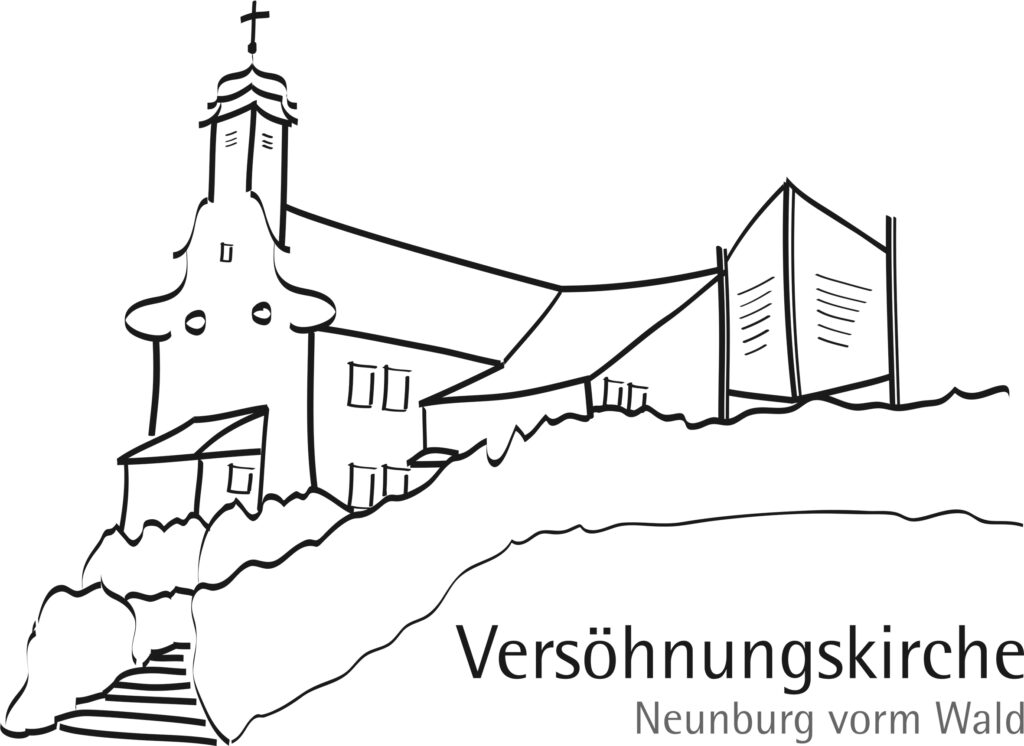 Strichzeichnung der Versöhnungskirche in Neunburg vorm Wald, die das Gebäude mit dem Kirchturm, dem modernen Anbau und den umgebenden Sträuchern zeigt.