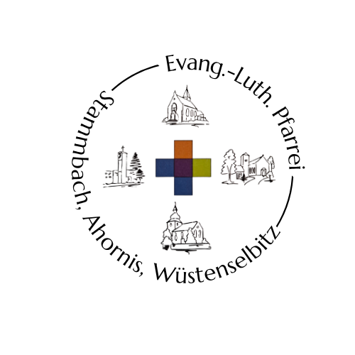 Ein kreisförmiges Logo mit vier Kirchenskizzen, einem mehrfarbigen Kreuz in der Mitte und dem Text Evang.-Luth. Pfarrei Stammbach, Ahornis, Wüstenzellbitz darum herum.