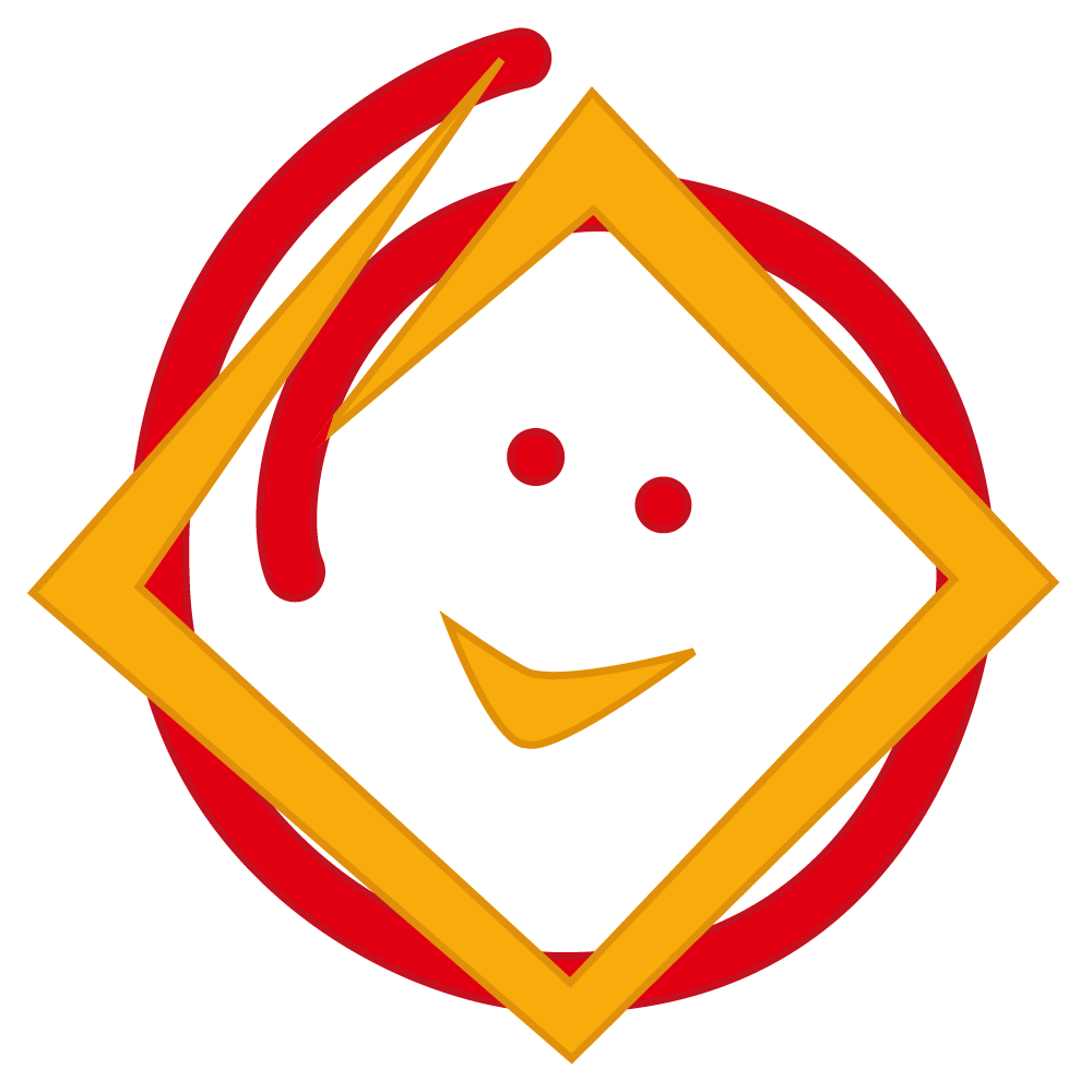 Ein stilisiertes Gesicht mit einem roten kreisförmigen Umriss, einem orangefarbenen rautenförmigen Rahmen, zwei roten Punkten als Augen und einer einfachen geschwungenen Linie für ein Lächeln auf weißem Hintergrund.