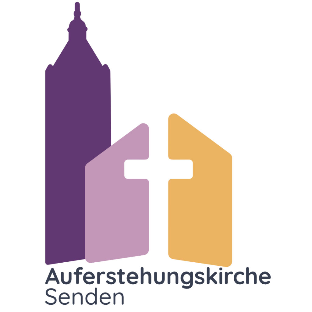 Logo mit einem violetten Kirchturm und zwei stilisierten Gebäudeformen, die in der Mitte ein Kreuz bilden. Der Text darunter lautet Auferstehungskirche Senden.