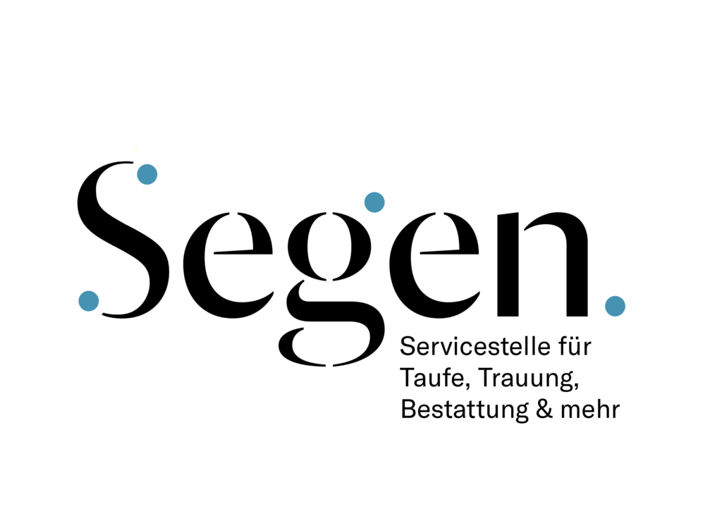 Logo mit dem Wort „Segen“ in großer schwarzer Schrift und blauen Punkten; darunter der Text auf Deutsch: Servicestelle für Taufe, Trauung, Bestattung & mehr.